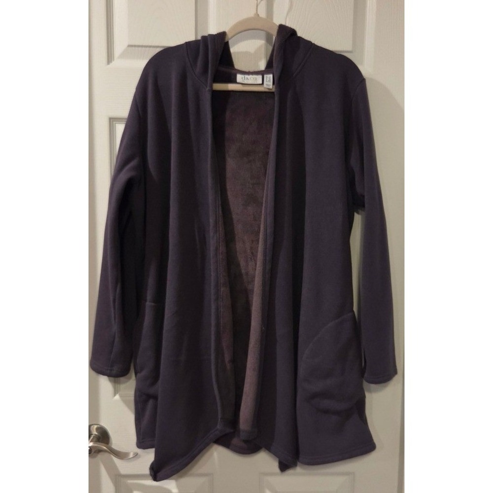 Denim & Co Active Plush Lined Hooded Cardigan Womens 1X Gray Open Front Cozy